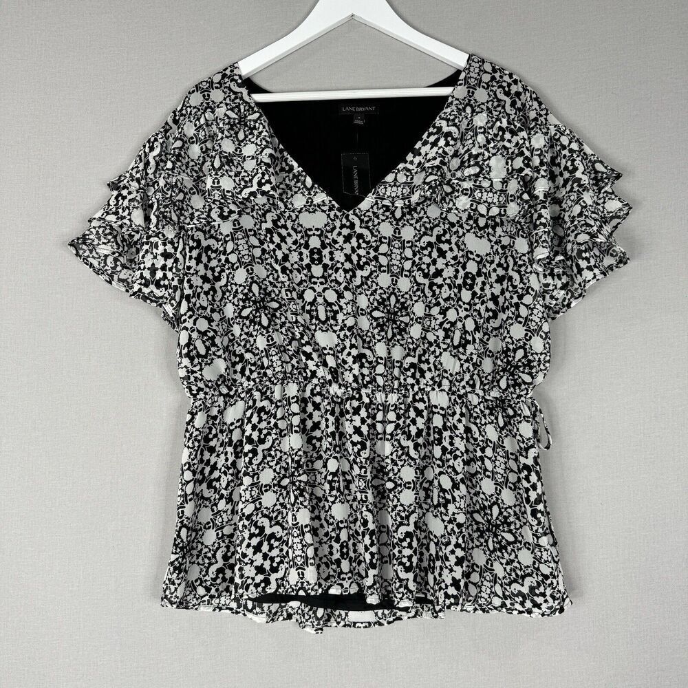 Lane Bryant Womens Top 16 Black Floral Blouse Tiered Flutter Sleeve Feminine‎